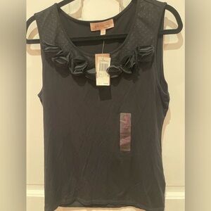 NWT Woman Philosophy SZ L Black pullover top, ruffle neck, machine wash, spandex